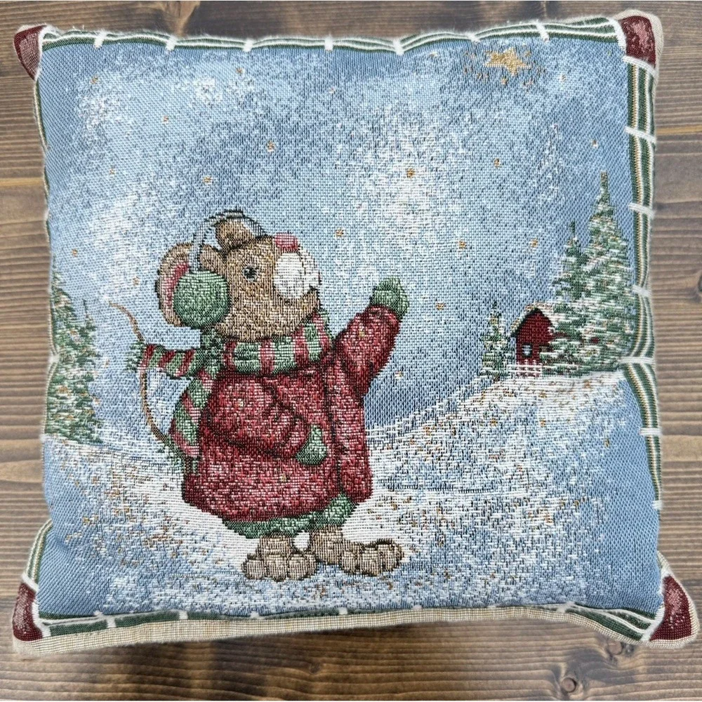 Vintage Christmas Mouse Tapestry Throw Pillow Double Sided Winter Holiday Cottag